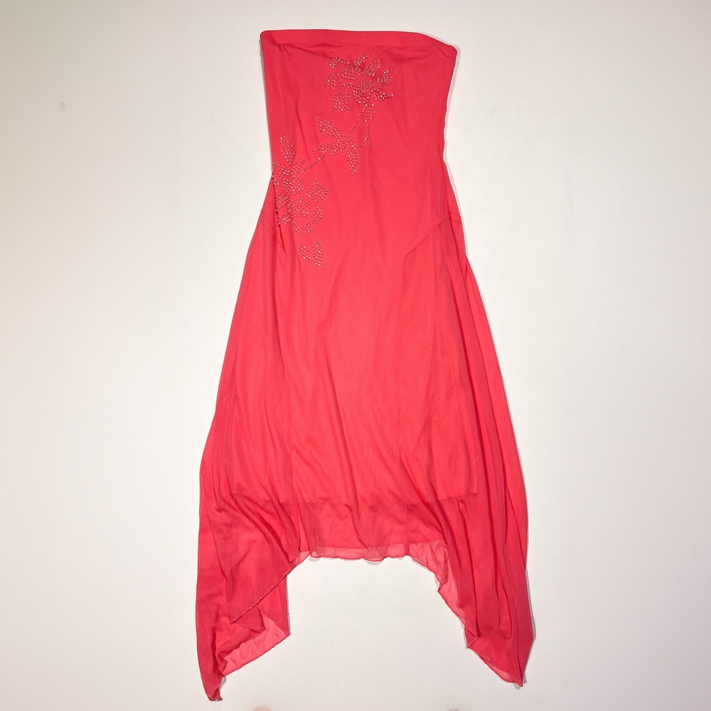 Vintage Be Smart Y2K Fairy Pink Strapless Rhinestone Handkerchief Hem Dress